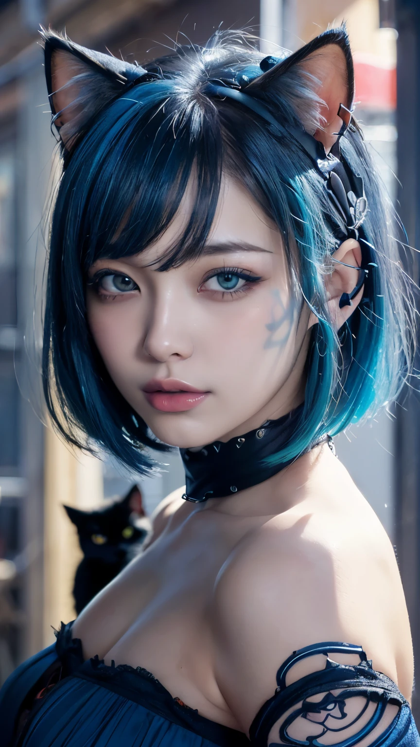 masterpiece, 4k, Bokeh, beautiful face, (multiple girls:1.4), Harem, (group photo:1.2), (Cat ear:1.3), (blue medium bob hair:1.4), (blue theme:1.6), looking at the viewer, (Blue roses:1.4), (blue cafe background:1.5), (cowboy shot:1.4)