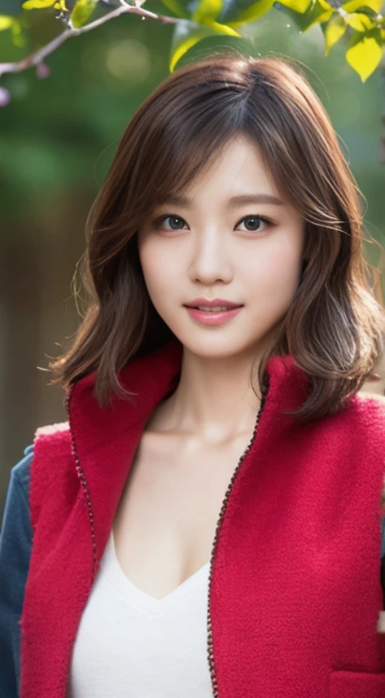 Cherry tree、Long Gilet、open chest、I'm not wearing anything inside、whole body、NiziUAYAKA、 4K、1people's women、slender、 Loose wavy styling 、seductive and attractive、Including face and skin texture.,detailed eyes、A soothing expression with a smile