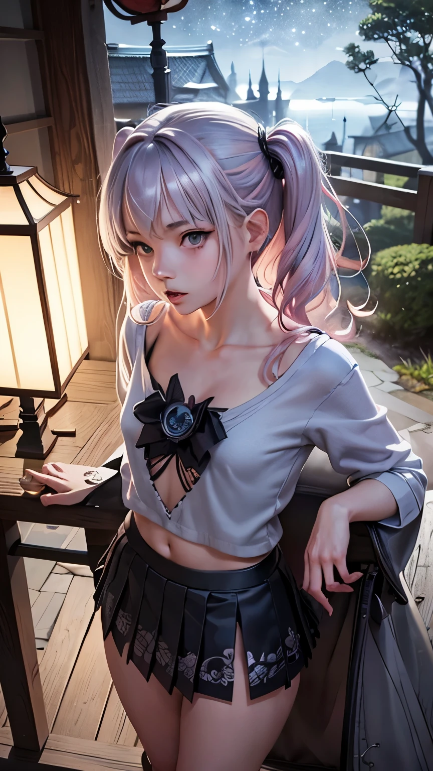 quinella, quinella, absurdly long hair, (purple eyes:1.1), long hair, parted bangs, purple hair, very long hair, hair ornament,medium breast,
BREAK (sleeveless shirt, red skirt, garter straps, red gloves, high-waist skirt, pink gloves:1.2),
BREAK (Night:1.7), Japan, cyberpunk, CityView, Before Window, Standing at attention,arm behind back, expressive eyes,seductive smile, looking at viewer, NSFW,(Full_body),
BREAK (masterpiece:1.2), best quality, high resolution,NSW ,unity 8k wallpaper, (illustration:0.8), (beautiful detailed eyes:1.6), extremely detailed face, perfect lighting, extremely detailed CG, (perfect hands, perfect anatomy),