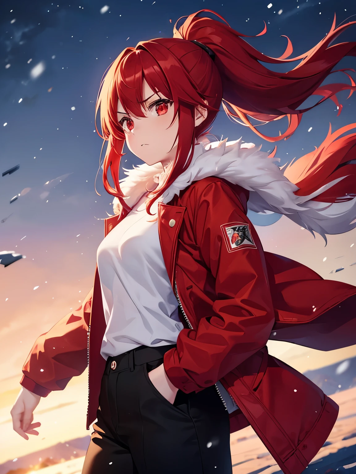 1 girl,Red hair,,red eyes, standing,angry expression,,Wearing a red fur jacket, medium hair,ponytail, standing,snowing, strong wind, at the north pole, white t-shirt, long black trousers