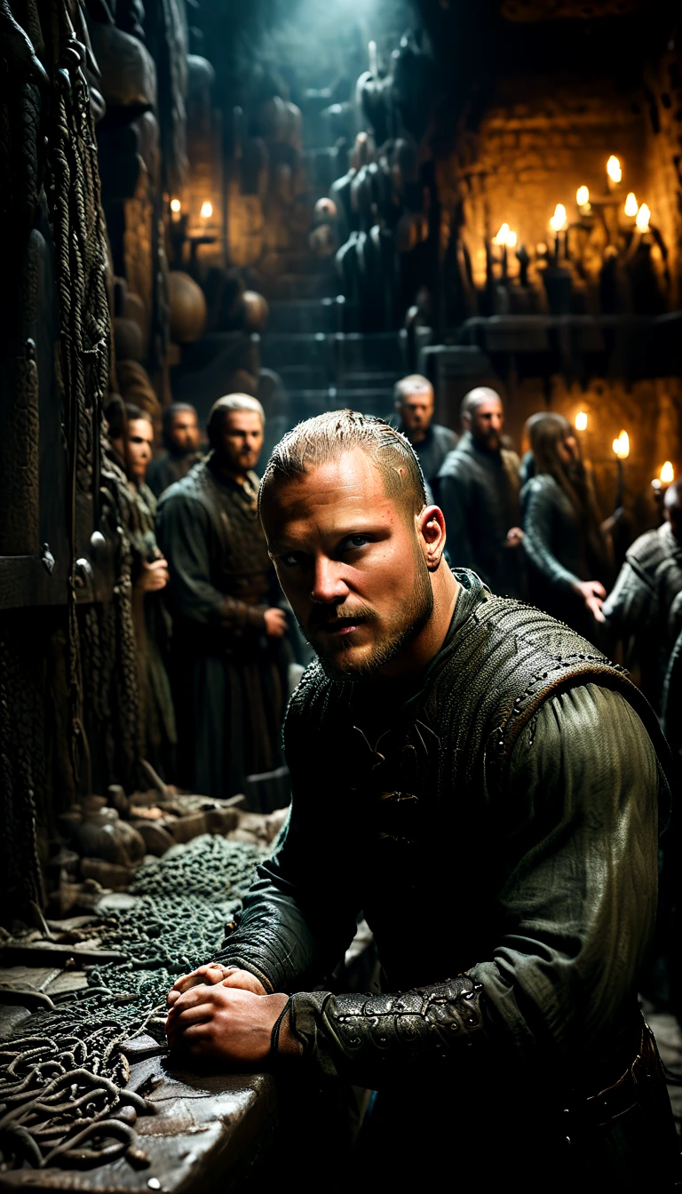 Create a somber scene showing Ragnar Lothbrok imprisoned in a dark dungeon, surrounded by coils of poisonous snakes, crowd cheering for them , detailed face, detailed face expressions, natural face expressions, face in detail, asymmetrical faced,(tall and slender body), fair and smooth skin, detailed hands, detailed fingers, masterpiece, cinematic lighting, physically based rendering, lens flare, award winning rendering, perfect rendering detail, 8K, realism, detailed background, everything in detail, cinematic shot, dynamic lighting, 75mm, Technicolor, Panavision, cinemascope, fine details, 8k, HDR, realism, realistic, key visual, film still, superb cinematic color grading, depth of field, ,midjourney,