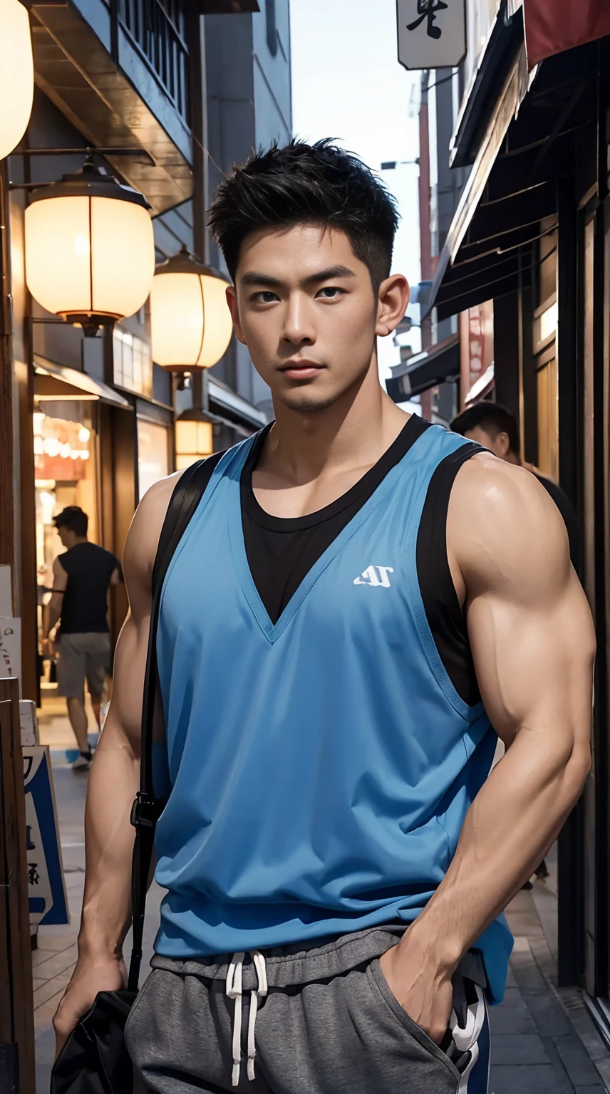 Japanese male model, big muscles, Full chest muscles,Sexy and charming expression,blue eyes,Handsome, cool, Hair combed smoothly, piercing ears, Wear a loose-fitting vest,sports Shorts,Big bag highlights, image, modeling, dynamic poses, Japantown, At midnight, Shop lighting trade