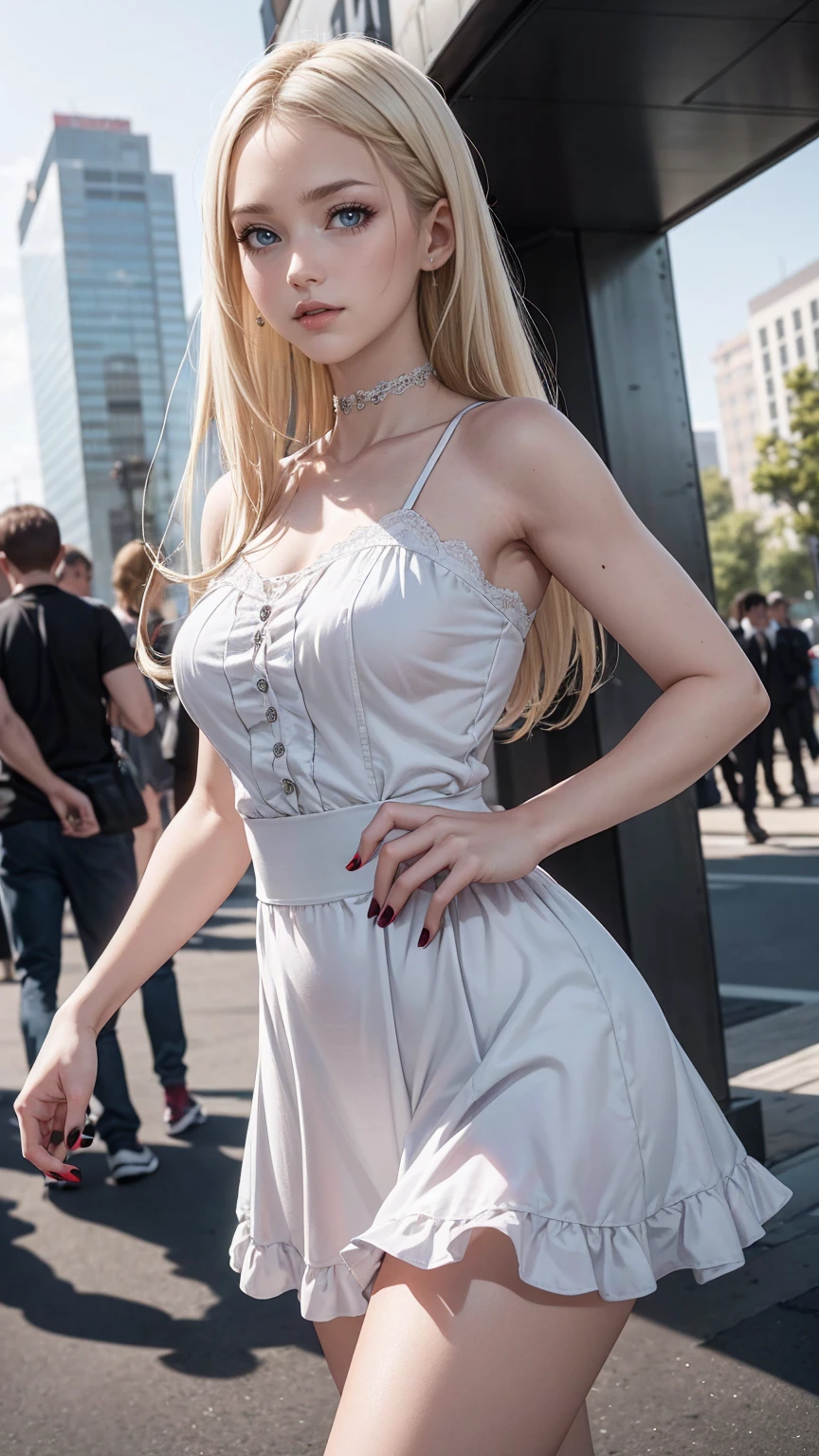((最high quality, 8K, masterpiece: 1.3, Ultra HD, high quality, 最high quality, High resolution, realism)) 、25 year old white woman、platinum blonde、blue eyes、long hair、straight hair、smile、Slender but well-proportioned muscular body、Athlete-like body type、I don't want my head to disappear from the screen.、Wearing red nail polish、I have a peticure、Gothic and ta ((Gothic & Loli、I'm in the middle of a scramble intersection in a big city