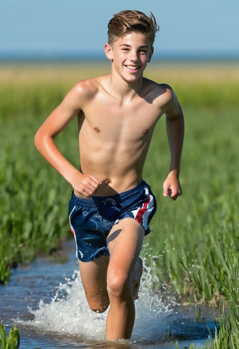  boy with heart out and bare chest15 year old running in the field by the water
