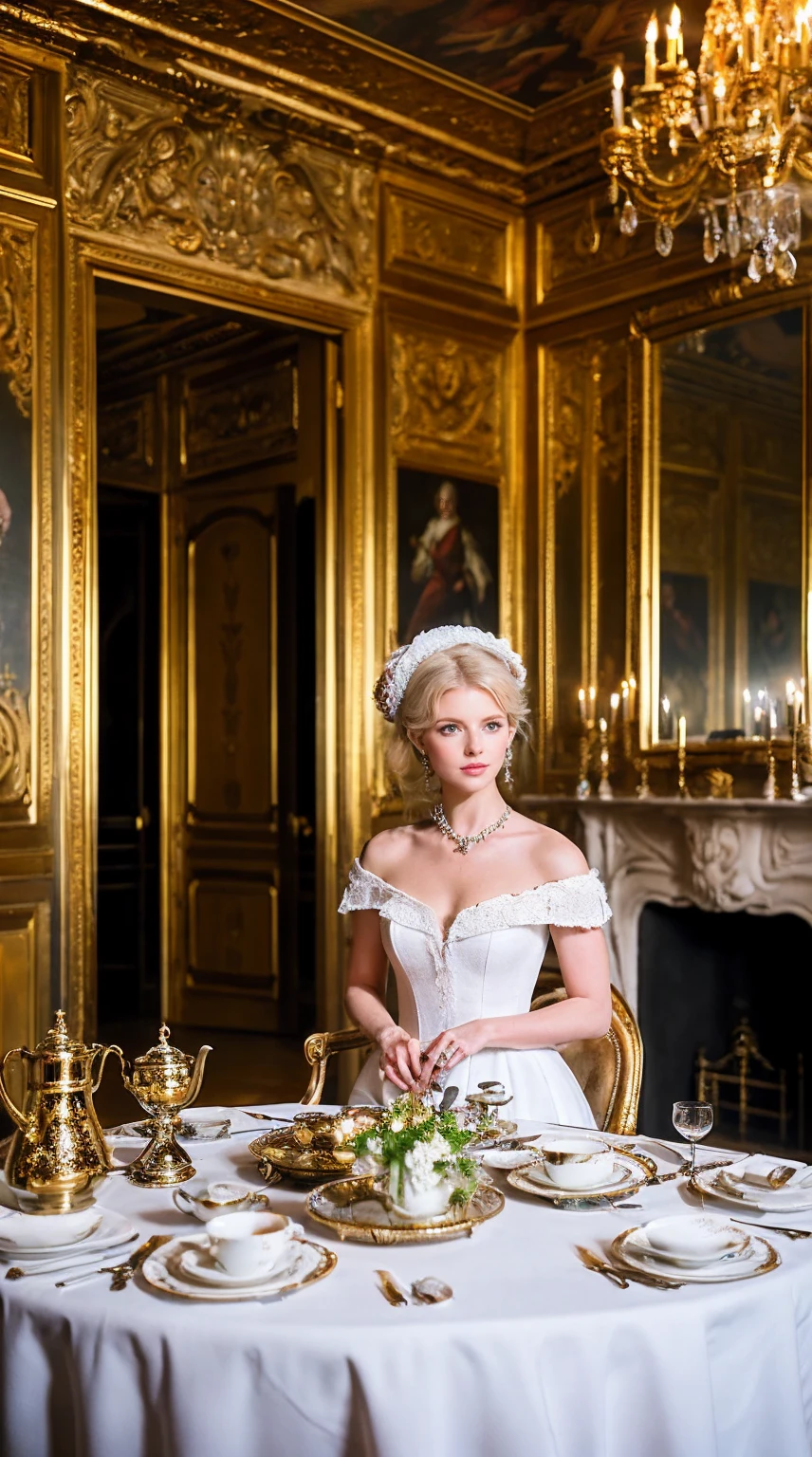 ((最high quality, 8K, masterpiece: 1.3, Ultra HD, high quality, 最high quality, High resolution, realism)) 、Marie Antoinette、Inside the Palace of Versailles in France、Enjoy tea time in a luxurious room