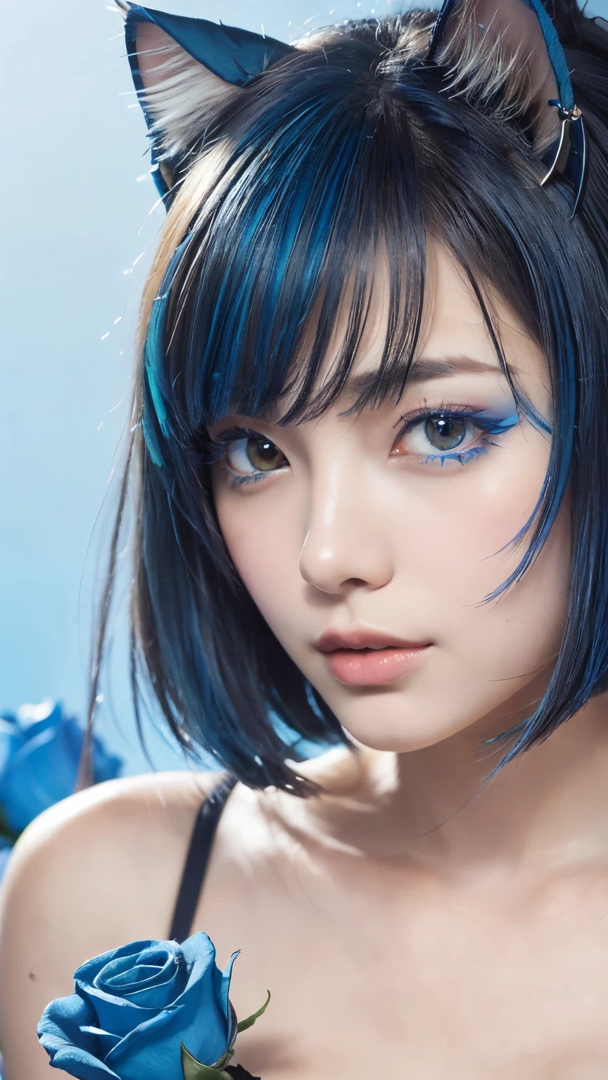 masterpiece, 4k, Bokeh, beautiful face, (multiple girls:1.4), Harem, (group photo:1.2), (Cat ear:1.3), (blue medium bob hair:1.4), (blue theme:1.6), looking at the viewer, (Blue roses:1.4), (blue cafe background:1.5), (closeup:1.4)