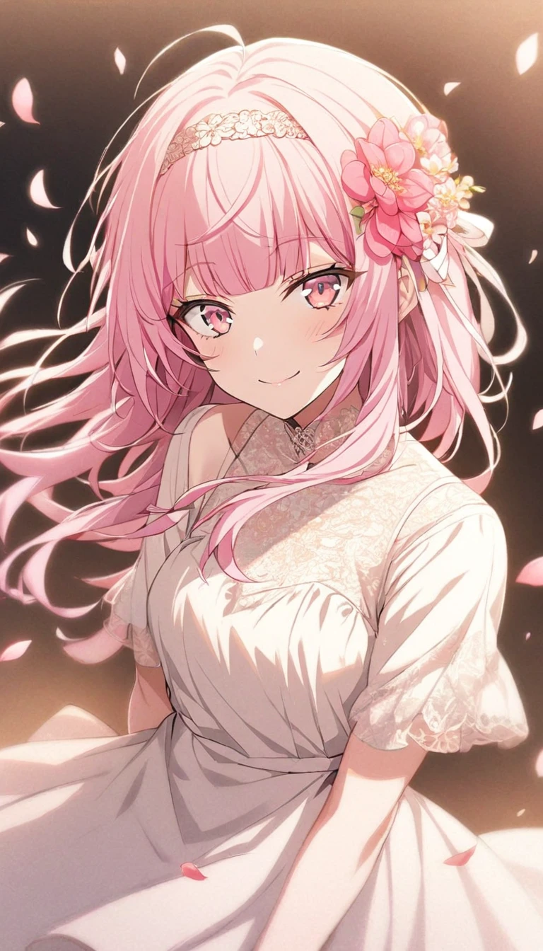 1girl, solo, long hair, looking at viewer, smile, bangs, simple background, hair ornament, dress, pink hair, flower, hairband, hair flower, blunt bangs, pink eyes, white dress, petals