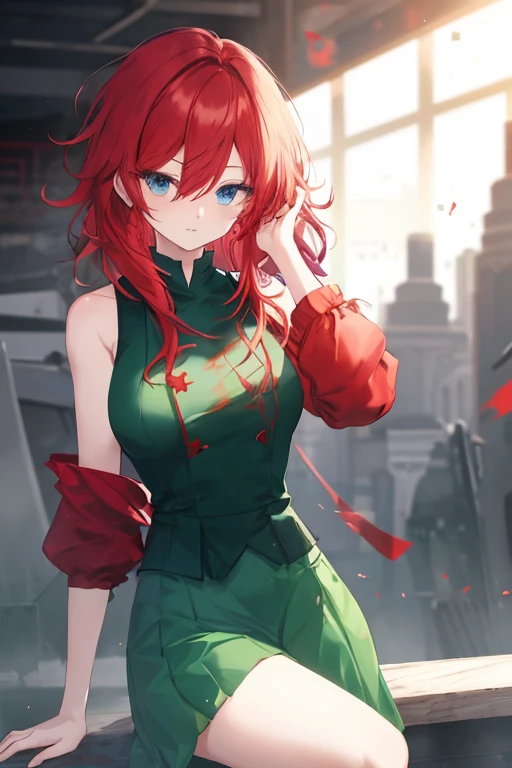 red hair, blue eyes, red sleeves, sleeveless green dress, ((messy hair)), hair between eyes, green skirt,green legware, medium breasts,