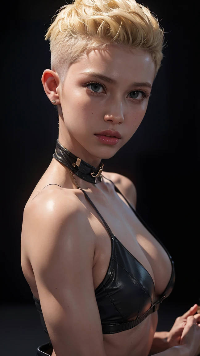 a 20 yo woman, blonde, (hi-top fade:1.3), dark theme, soothing tones, muted colors, high contrast, (natural skin texture, hyperrealism, soft light, sharp)