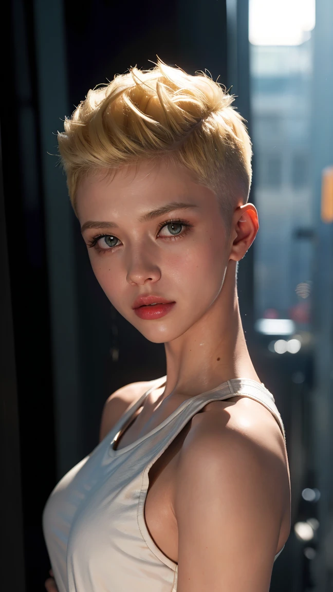 a 20 yo woman, blonde, (hi-top fade:1.3), dark theme, soothing tones, muted colors, high contrast, (natural skin texture, hyperrealism, soft light, sharp)