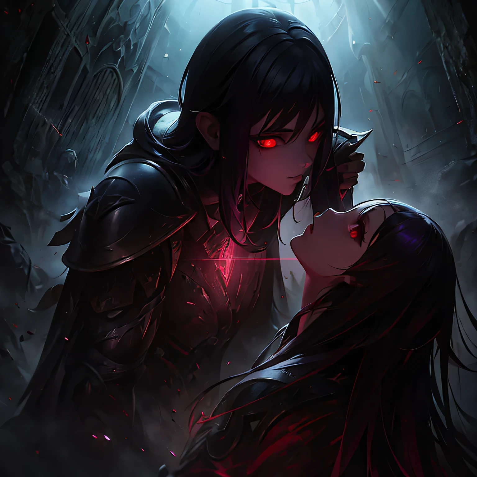 (best quality,ultra-detailed,realistic),portrait, girl with armor,detailed black unkempt hair,intense red eyes,black smoke coming out of mouth,abandoned chapel,medieval armor with intricate details,tattered cloak,dark and gloomy atmosphere,dusty and decaying surroundings,religious symbols,crumbling walls and ceiling,soft and dramatic lighting,vivid colors with a desaturated tone