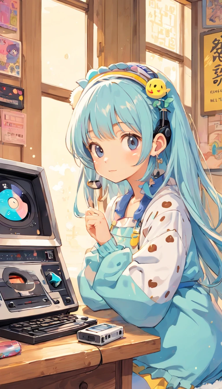 perfect body、girl、(((Girl's UP)))、(((The girl's face is well visible)))、make many round chicks、((12 years old))、(((cassette tape、radio cassette player、record)))、可愛い美girl、((Listening to music with headphones on))、machine、Note、computer、light bulb、window、Chair、curtain、retro、(((80s))) Neon color、pastel colour、((blue and white room))、Polka dot pattern、lemon、80'sパターン、round pattern、square pattern、Cartoon screentones、Dot pattern is applied from above、cooking、chick chick、Cotton candy、candy、(((Get into a rhythm))), (((lofi-art))), Cute white fur ball creature、(((The structure and balance of the face of the human body, objects, and living things are well-balanced without any discomfort.))), (((the fingers of the hand5Book))), (((beautiful and well-shaped body)))、(((Cute and beautiful face)))、Ramune Ramune Ramune、summer