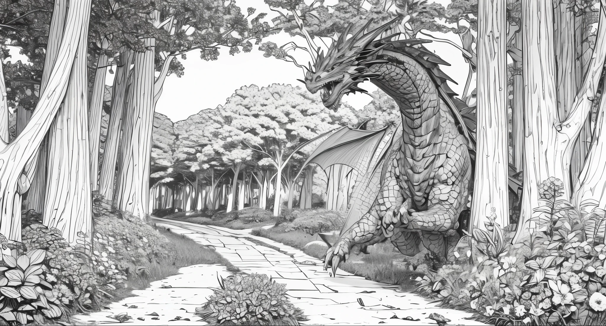 coloring page, no color, dragon, running, environment is a forest with trees and flowers  