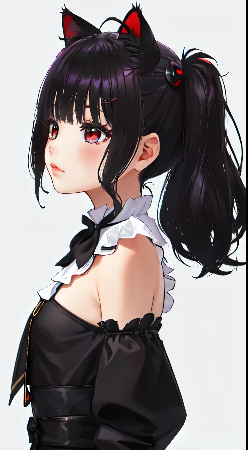 high resolution, sharp focus, obra maestra de pixiv, ((Detalles intrincados)), muy detallado, parte superior del cuerpo, 1 chica, rapid eye movement_re_cero,,((long hair slightly wavy slightly past the shoulders, black bangs, small black pigtails on the sides, cute cat ears, beautiful thin red eyes)),, uniforme de mucama, adorno para el pelo,  escote, tocado de mucama, mangas separadas, cinta,,