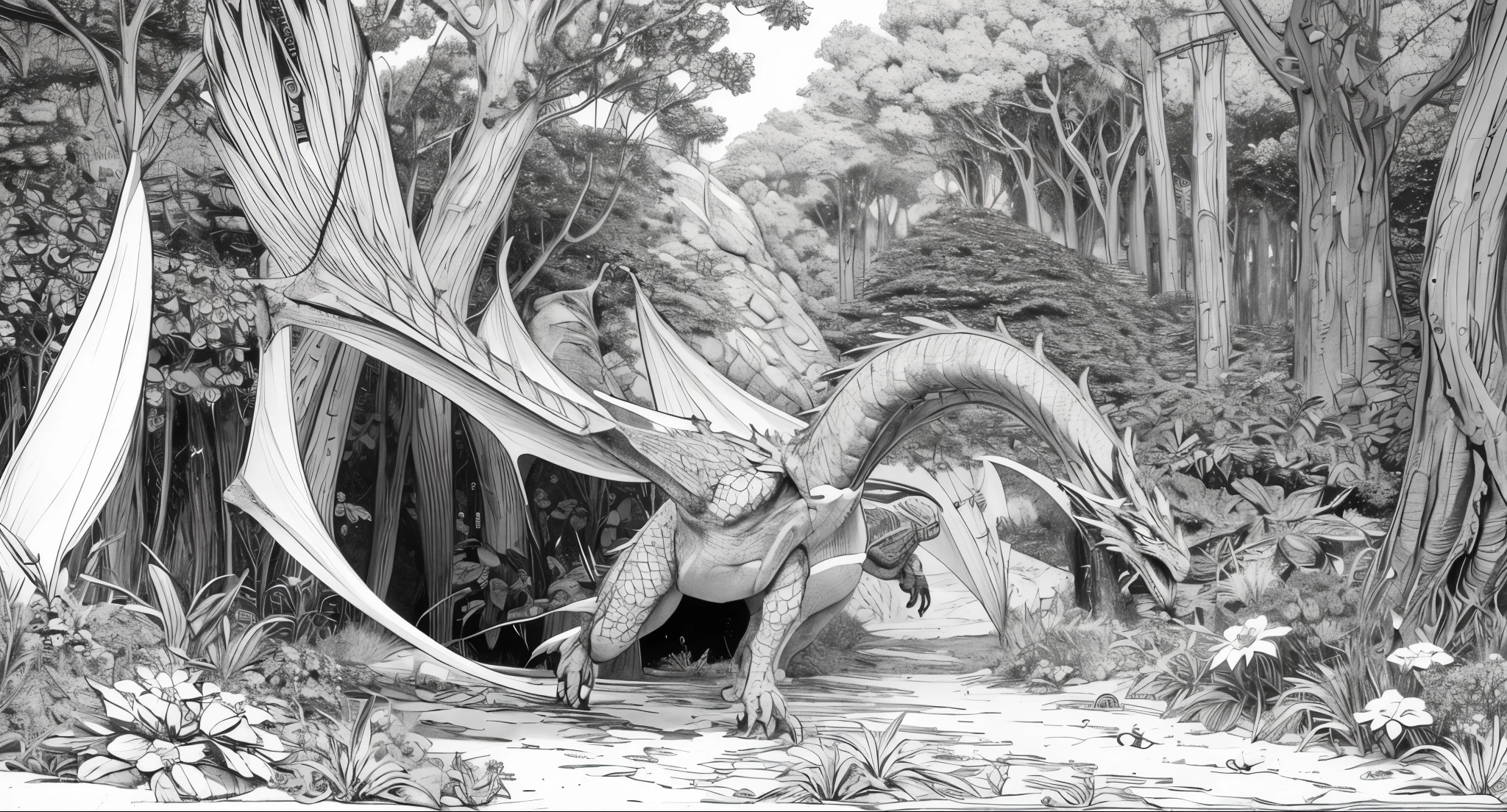 coloring page, no color, dragon, running, environment is a forest with trees and flowers