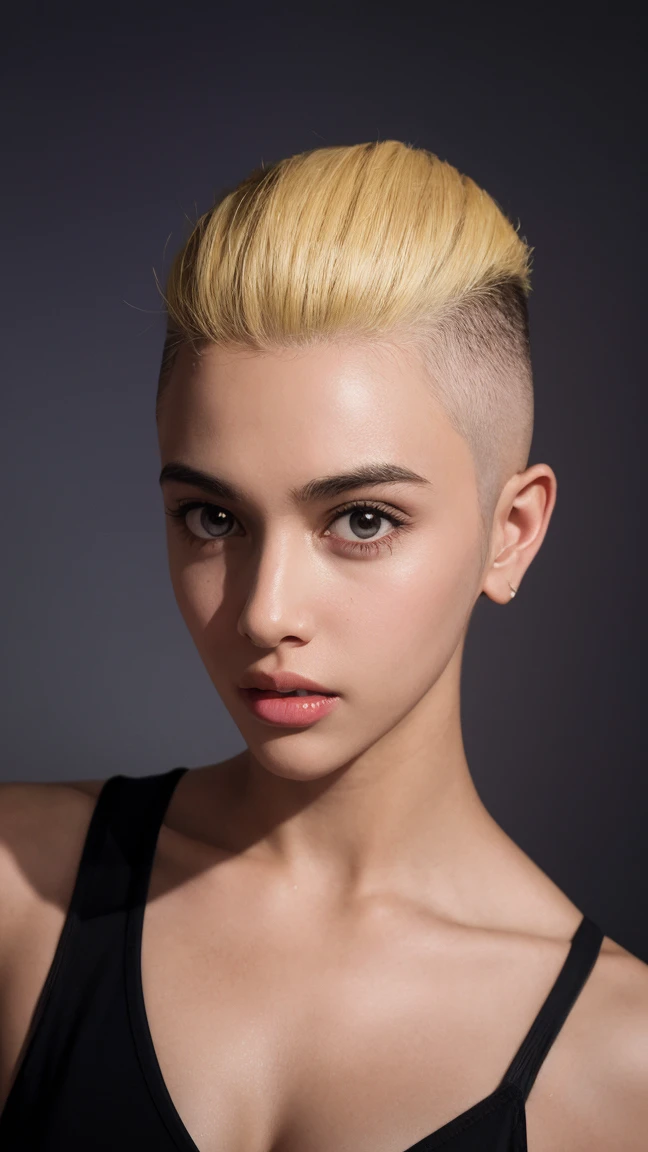 a 20 yo woman, blonde, (hi-top fade:1.3), dark theme, soothing tones, muted colors, high contrast, (natural skin texture, hyperrealism, soft light, sharp)