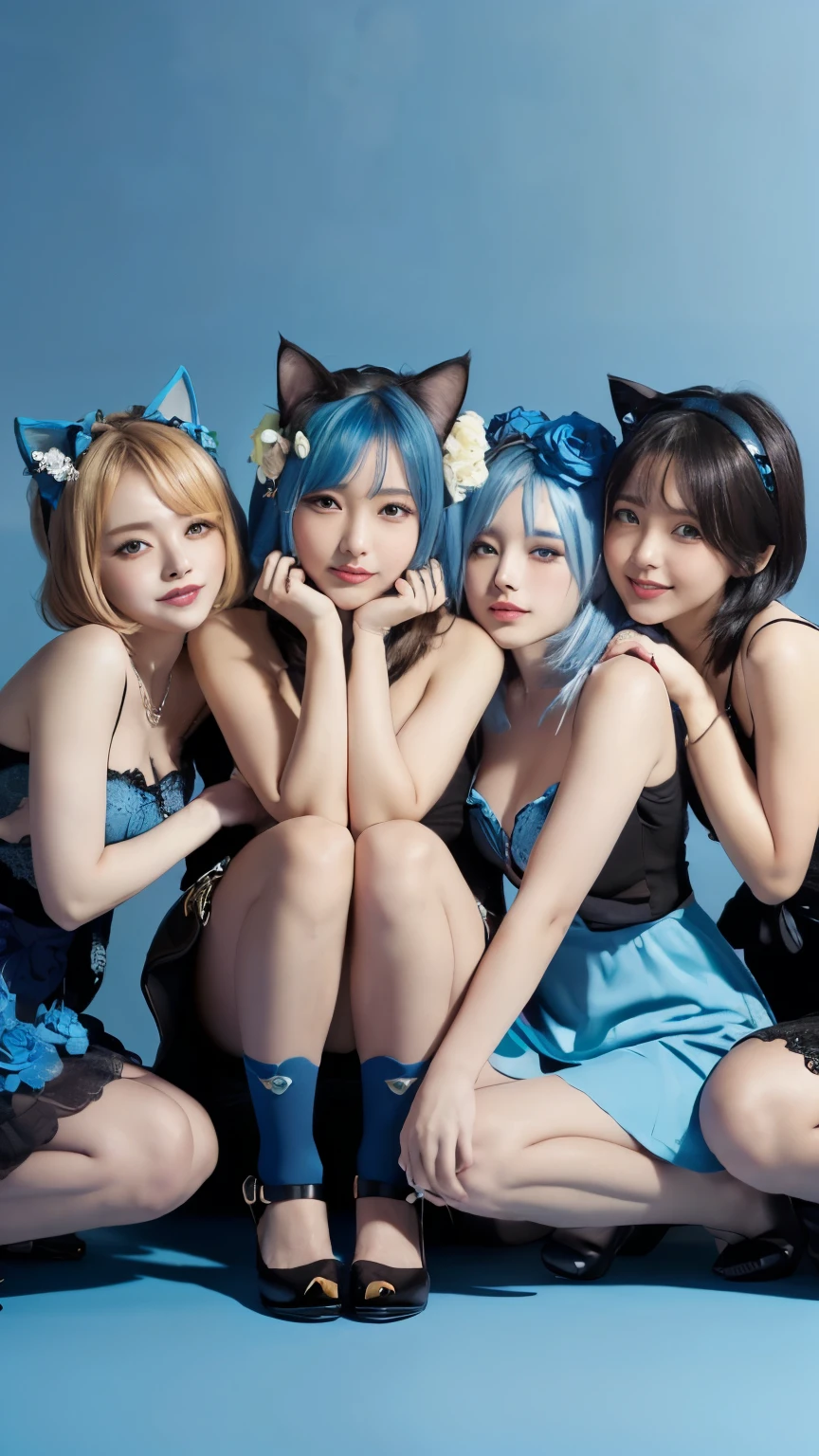 masterpiece, 4k, Bokeh, beautiful face, (multiple girls:1.4), Harem, (group photo:1.2), (Cat ear:1.3), (blue medium bob hair:1.4), (blue theme:1.6), looking at the viewer, (Blue roses:1.4), (blue cafe background:1.5), (Fullbody shot:1.4)