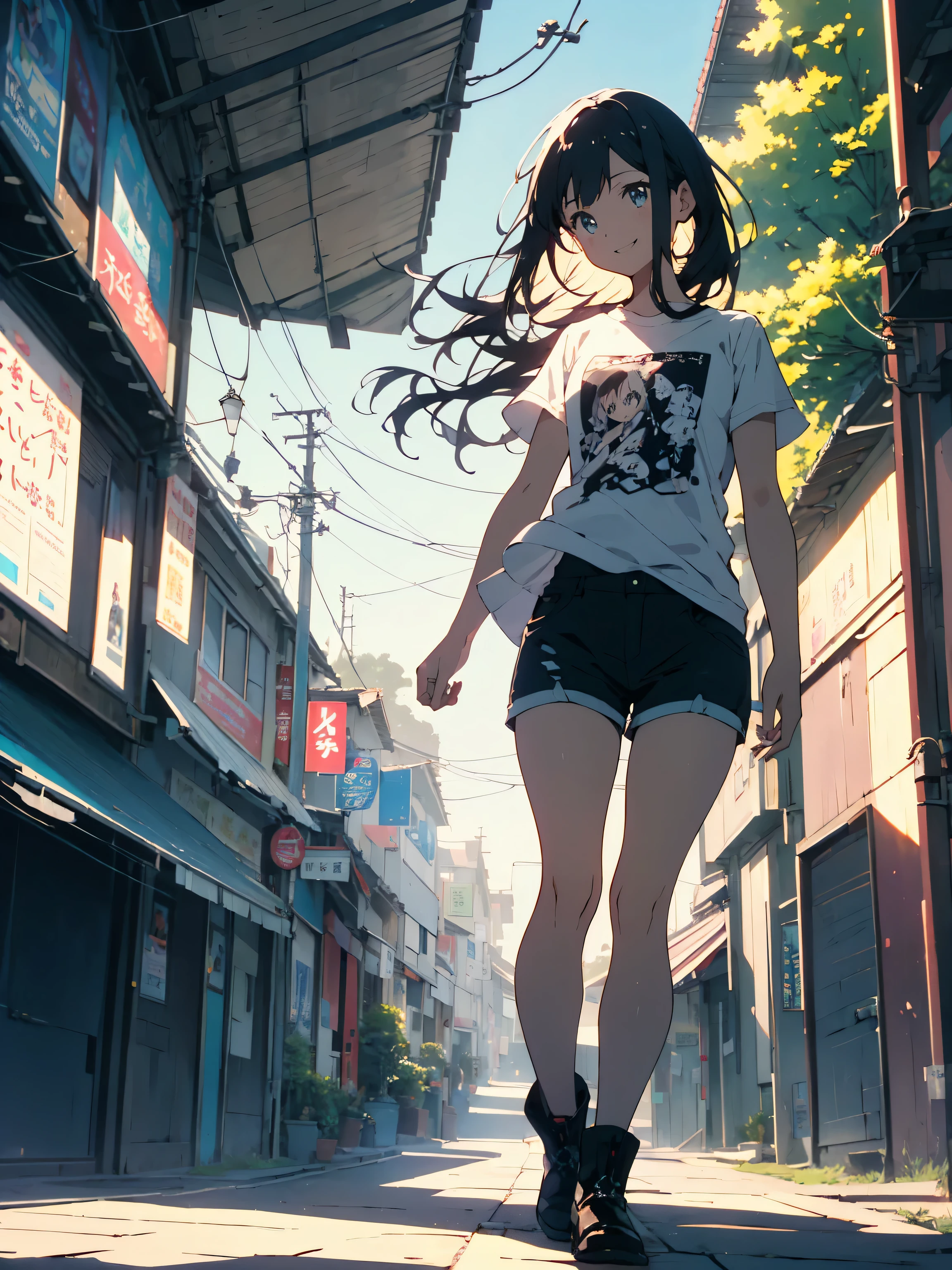 (highest quality、masterpiece、High resolution、detailed)、(Shining eyes、detailed beautiful face)、1 girl、(T-shirt,shorts),smile,short boots,suburbs、slope background、beautiful anime