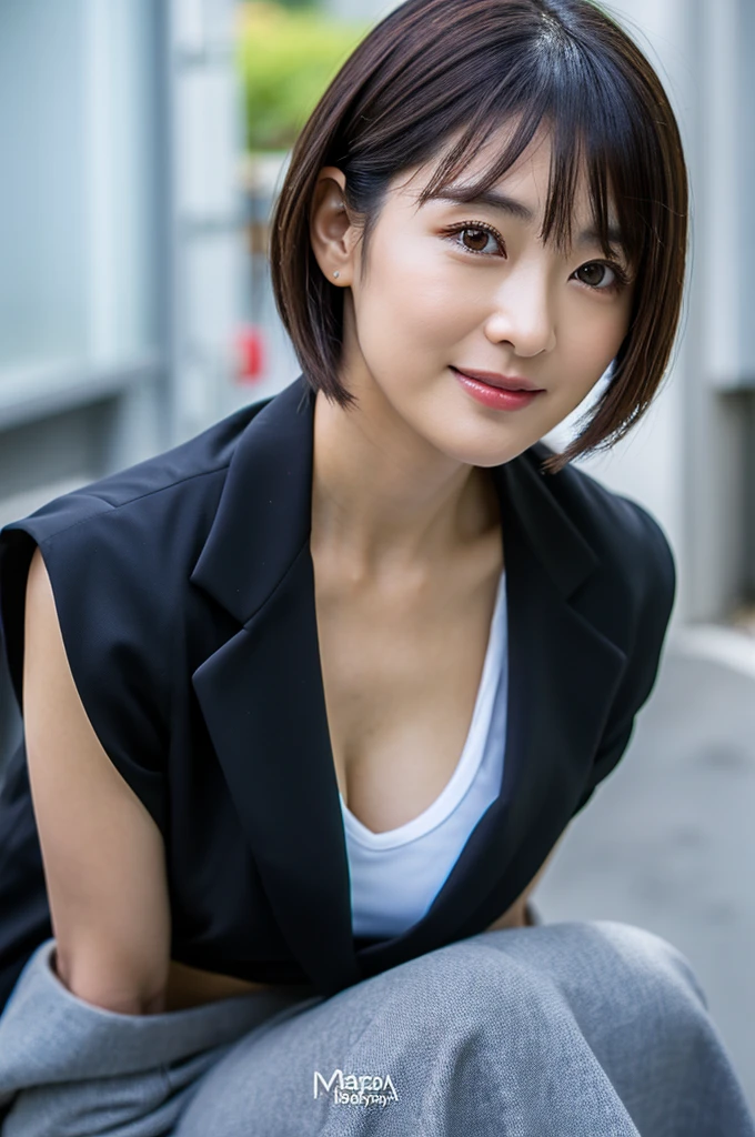 (8K、top-quality、​masterpiece:1.2)、(reallistic、photorealistic:1.2)（ultra-detailliert、hight resolution）(Slouched:1.3)、crouching down、(From  above:1.2)、(a closeup:1.4)、（Cut and sewn with loose chest area）Black business suit、OL、insurance sales girl、Smirk,Alafed Girl, chiho, iwakura lain, a closeupiwakura lain, With short hair, Shiori Teshirogi, Kotegawa Yui, short-cut, She is 40 years old, sui ishida with black hair, lain iwakura, Beautiful woman - well-groomed face, Clear pubic contours,(Small breasts), hight resolution, ighly detailed, top-quality, [​masterpiece:1.6],, ighly detailed, nffsw, finely detail, top-quality, , Cinematographic lighting, 1womanl、beautiful japanese female、perfect body type、, Beautiful big eyes with sexy drooping eyes、Transcendent beauty　top-quality、​masterpiece、majicMIX Real、(Raw photography:1.2)、(photorealistic:1.4)、s Office、　Negative Prompt