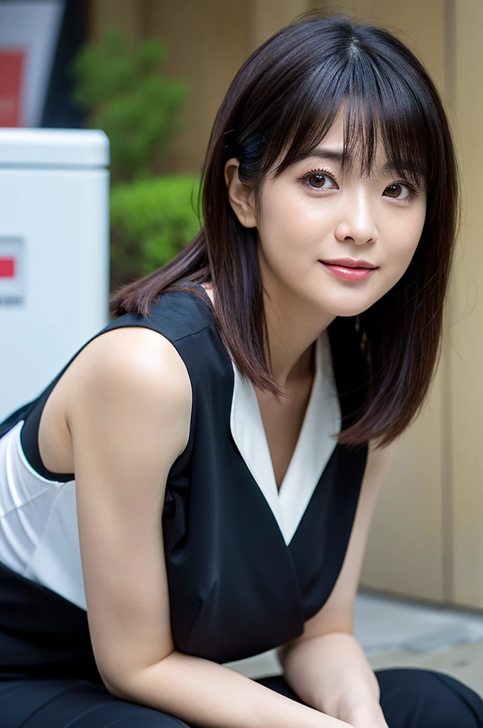 Best-quality, Masterpiece, Ultra-High-Resolution, (Photorealistic:1.4), Raw-Photo, Extremely-Details, Perfect-Anatomy, Ultra-detailed, 1girl, the most famous Japanese actress in Japan, grinning, wearing winter Japanese police uniform, cracking down on illegal parking on Hiroshima's main street, detailed luxury car parked illegally, extremely beautiful face like the most popular Japanese actress in Japan, extremely beautiful big black eyes, extremely beautiful black solid circle eyes, extremely beautiful black short-cut-haired, detailed Japanese-policewomen's-uniform, detailed Hiroshima's main street, detailed beautiful face, detailed beautiful big black eyes, detailed beautiful black solid circle eyes, detailed beautiful black short-cut-haired