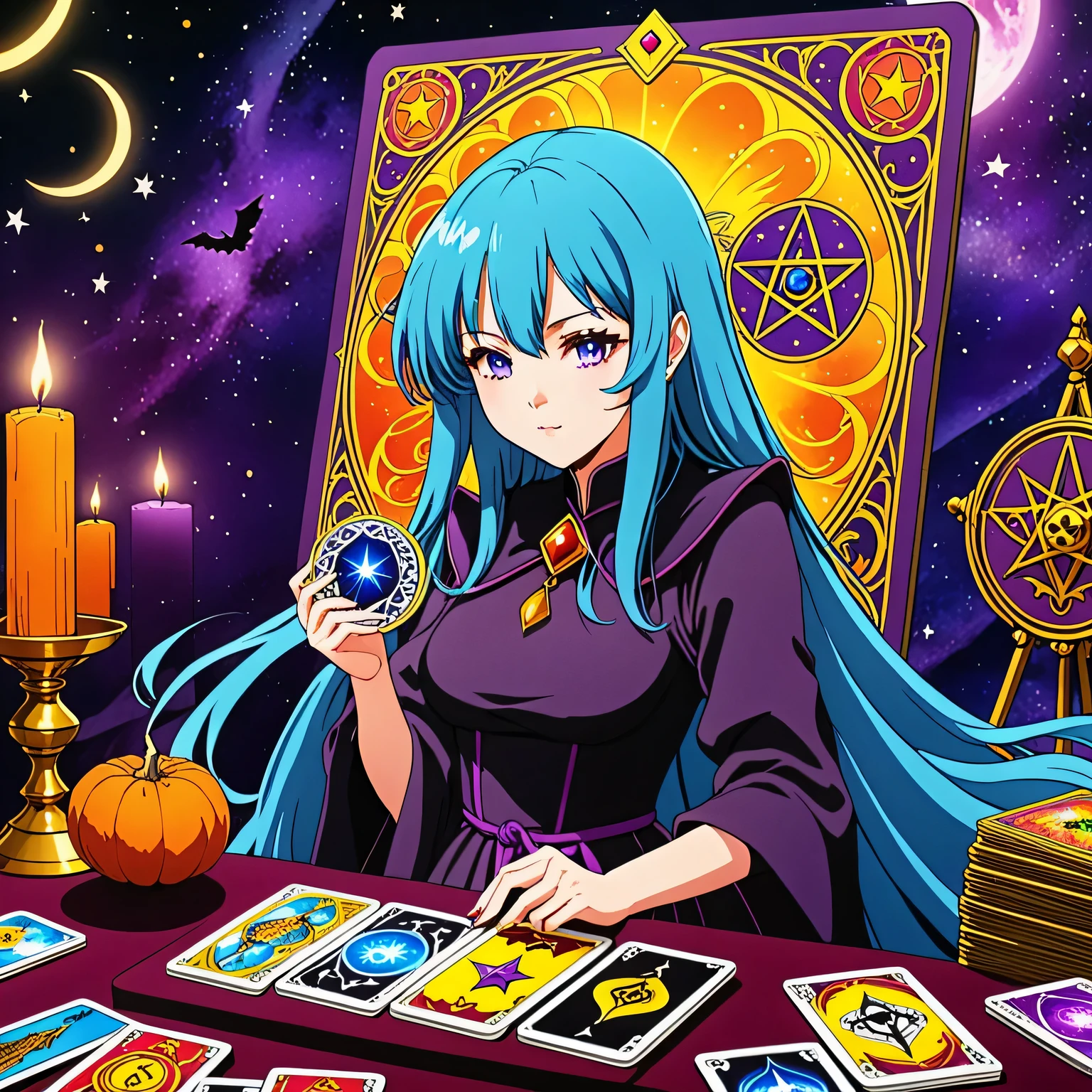 A frame from the anime about the witch and Tarot Cards, bright and colorful, modern anime, fortune telling on Tarot Cards, Tarot Cards Anime