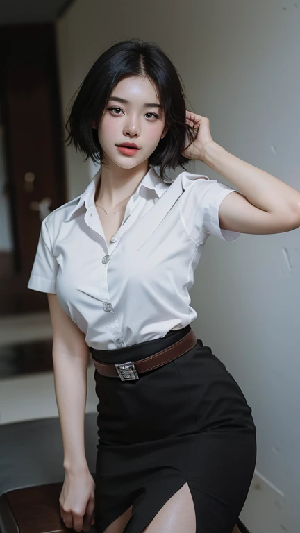 (8k, best quality, masterpiece, ultra highres:1.2) Photo of Pretty thai woman beautiful, beautiful enchanting fashion contemporary painting with , (1girl), (white shirt short sleeves), ((black pencil skirt)), belt, ((hand down)) , short hair , , realistic skin textur e, (nudity), round chin, 85 mm art lens, f 1. 2, sharp focus, 8 k high definition, insanely detailed, intricate, elegant, large breasts, black skirt