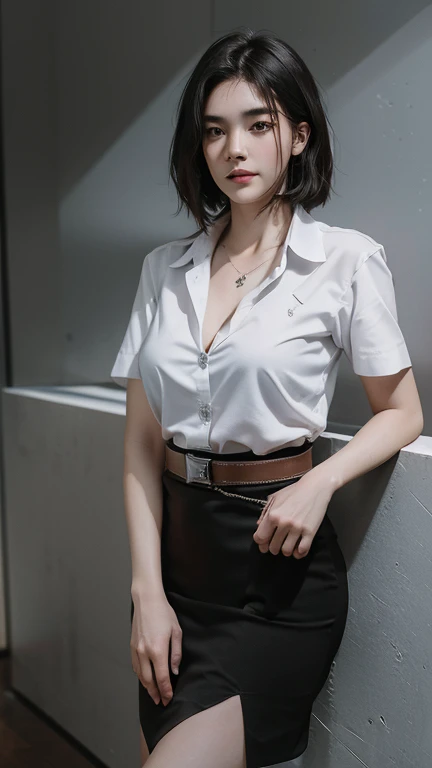 (8k, best quality, masterpiece, ultra highres:1.2) Photo of Pretty thai woman beautiful, beautiful enchanting fashion contemporary painting with , (1girl), (white shirt short sleeves), ((black pencil skirt)), belt, ((hand down)) , short hair , , realistic skin textur e, (nudity), round chin, 85 mm art lens, f 1. 2, sharp focus, 8 k high definition, insanely detailed, intricate, elegant, large breasts, black skirt