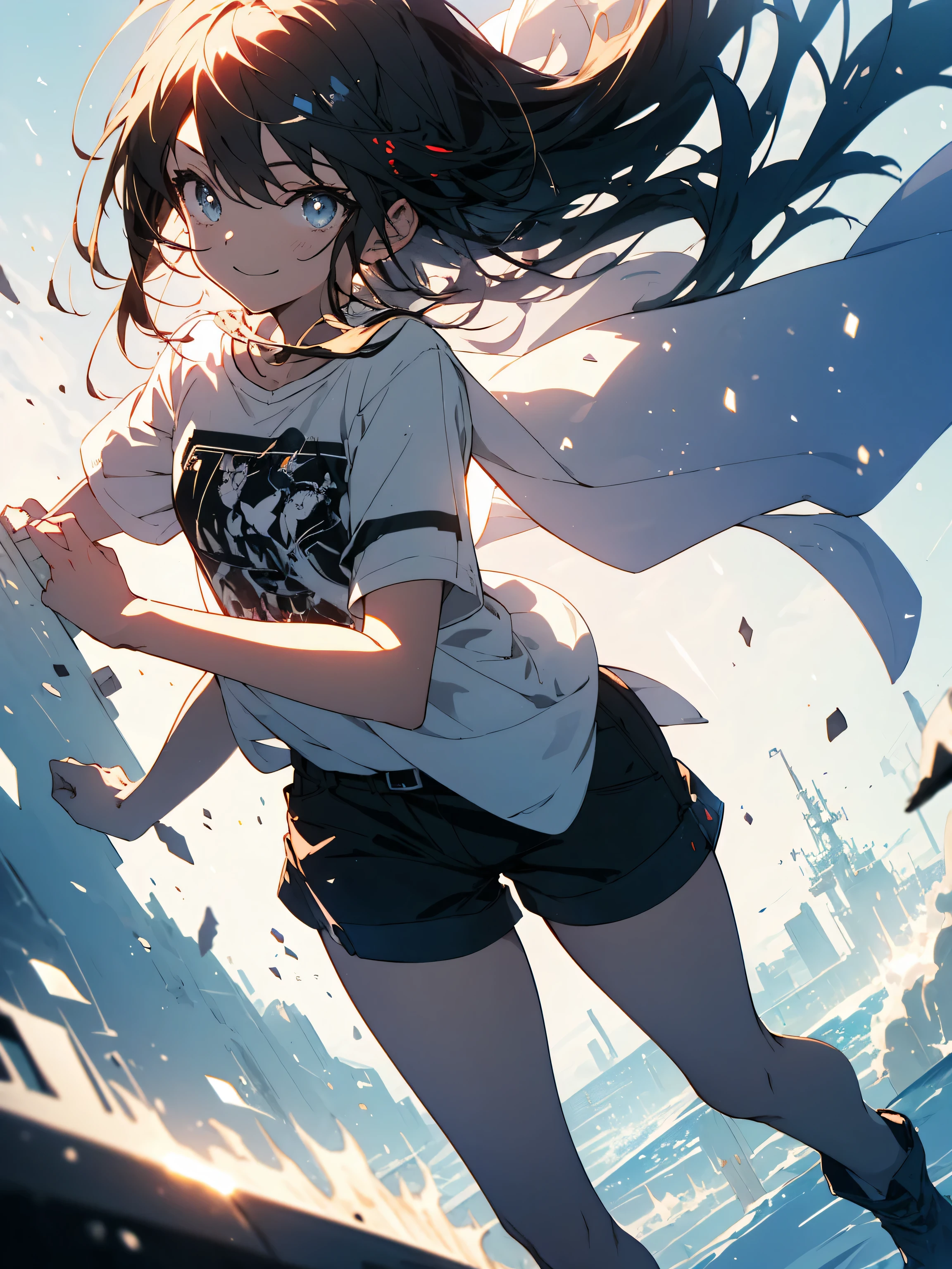 (highest quality、masterpiece、High resolution、detailed)、(Shining eyes、detailed beautiful face)、1 girl、(T-shirt,shorts),smile,short boots,suburbs、slope background、beautiful anime