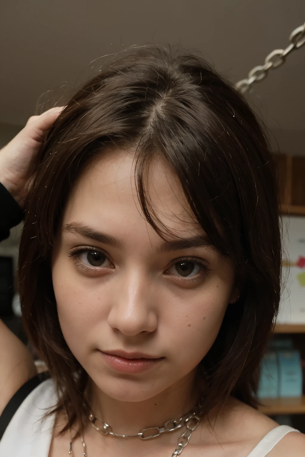 photo portrait of a brunette young woman, 28ans, casual clothes, white cropped t-shirt, apartment, selfie of high quality, selfie view from above showing most of body, normal beauty, hyper realistic, average face,