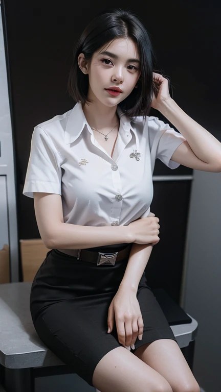 (8k, best quality, masterpiece, ultra highres:1.2) Photo of Pretty thai woman beautiful, beautiful enchanting fashion contemporary painting with , (1girl), (white shirt short sleeves), ((black pencil skirt)), belt, ((hand down)) , short hair , , realistic skin textur e, (nudity), round chin, 85 mm art lens, f 1. 2, sharp focus, 8 k high definition, insanely detailed, intricate, elegant, large breasts, black skirt