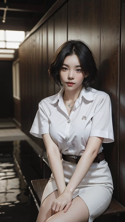 (8k, best quality, masterpiece, ultra highres:1.2) Photo of Pretty thai woman beautiful, beautiful enchanting fashion contemporary painting with , (1girl), (white shirt short sleeves), ((black pencil skirt)), belt, ((hand down)) , short hair , , realistic skin textur e, (nudity), round chin, 85 mm art lens, f 1. 2, sharp focus, 8 k high definition, insanely detailed, intricate, elegant, large breasts, black skirt