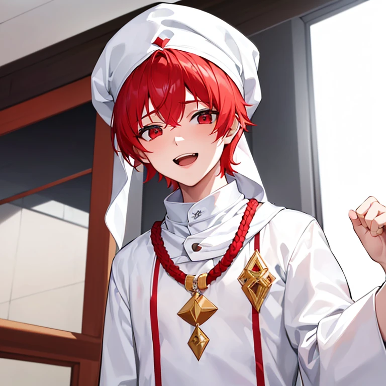 1 boy, 15 years old, ((wearing a white Arabic sorban), (red hair), (red eyes), (happy facial expression, laughing)),((memakai baju sekolah),memakai dasi warna merah)), (white background)
