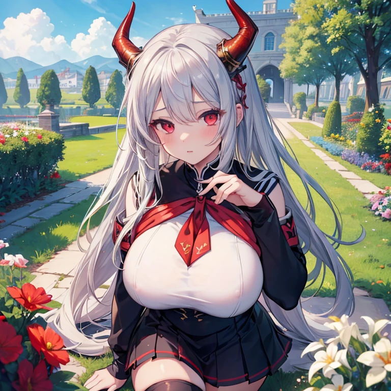 masterpiece, best quality, high_resolution, fine detail, very detailed and beautiful, distinct_image, 1 girl, solo, silver-haired, red eyes, dragon horns, (huge breasts), (kiss),(),curvy,sailor uniform ,garden landscape,blue sky,thighhigh,