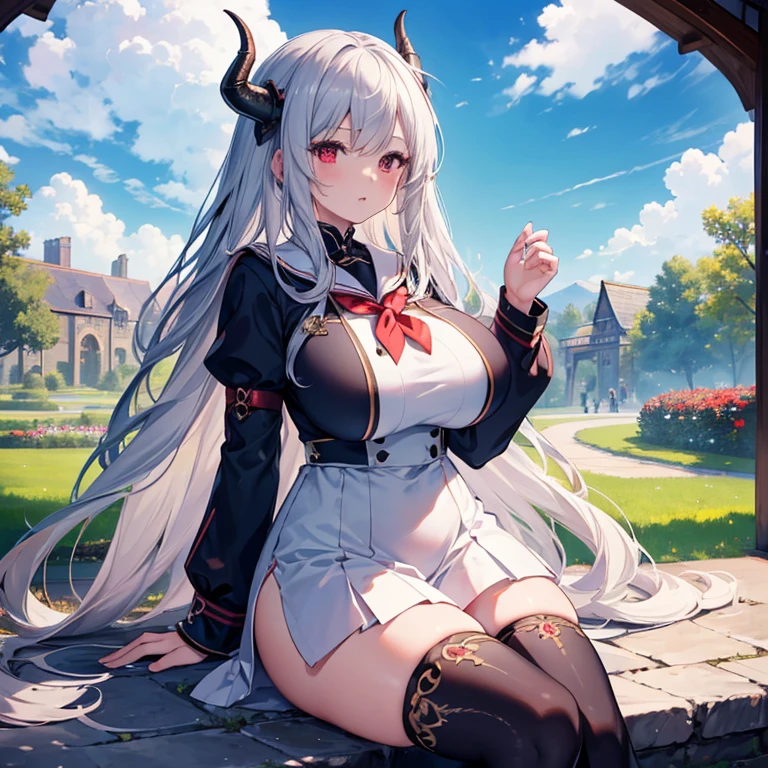 masterpiece, best quality, high_resolution, fine detail, very detailed and beautiful, distinct_image, 1 girl, solo, silver-haired, red eyes, dragon horns, (huge breasts), (kiss),(),curvy,sailor uniform ,garden landscape,blue sky,thighhigh,