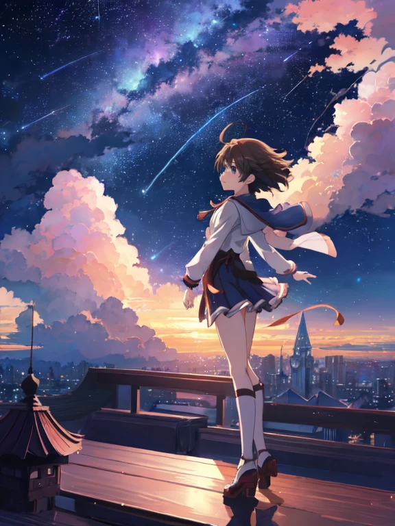 Anime girl standing on the roof and looking at the night sky with stars, Anime background 4k, Anime background 4 k, 4k Anime background, Anime art wallpaper 8k, Anime art wallpaper 4k, Anime art wallpaper 4k, 4K anime style, Makoto Shinkai Cyril Rolando, 4k manga wallpaper, Anime background, Amazing wallpaper, Shooting stars