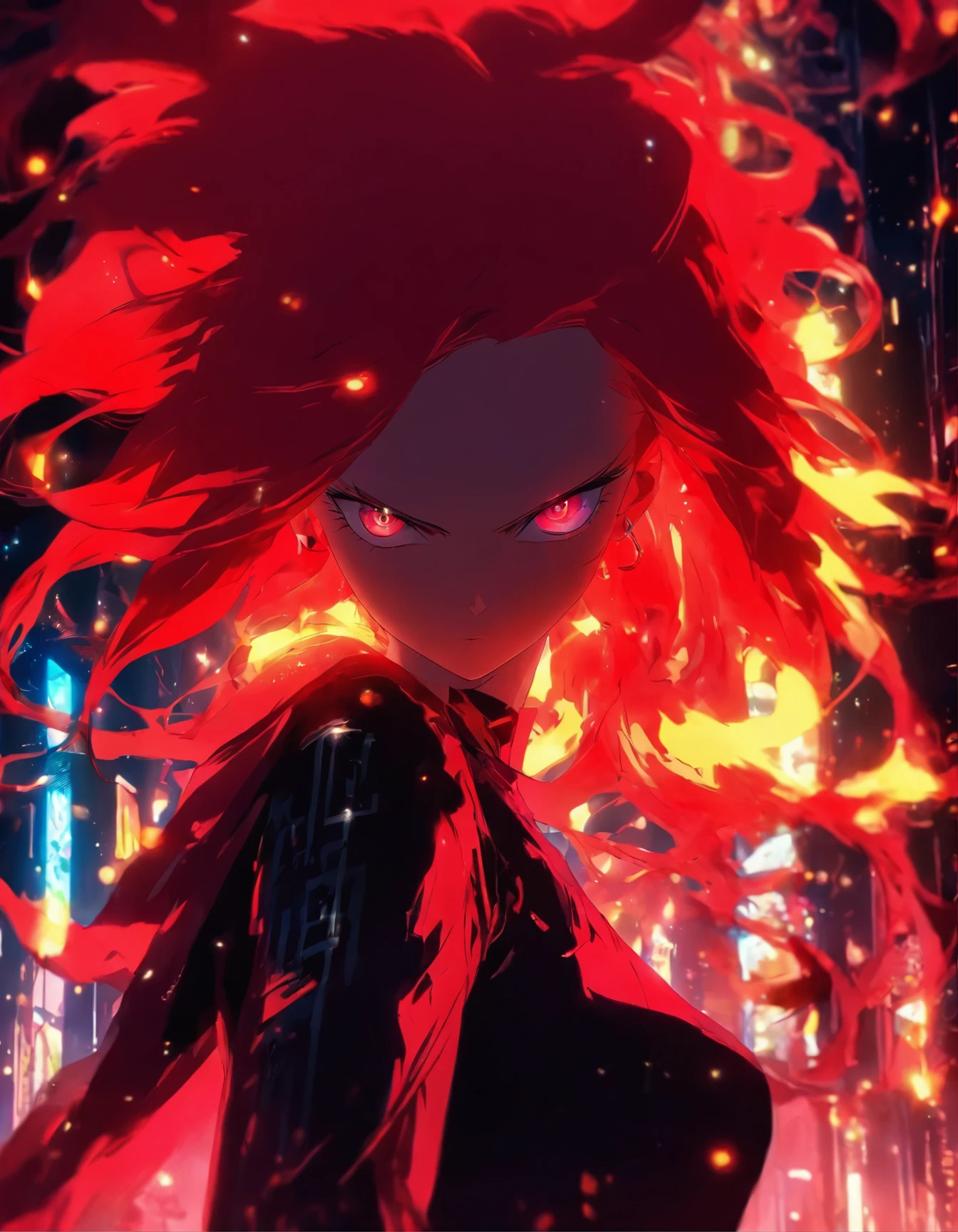 a woman with long red hair walking in the dark, zero two, red glowing hair, anime girl with long hair, long fire hair, with long red hair, with red glowing eyes, glowing red, gothic maiden anime girl, beautiful anime artwork, demon anime girl, anime cyberpunk art, anime girl with cosmic hair, beautiful anime art, red aura, red colored