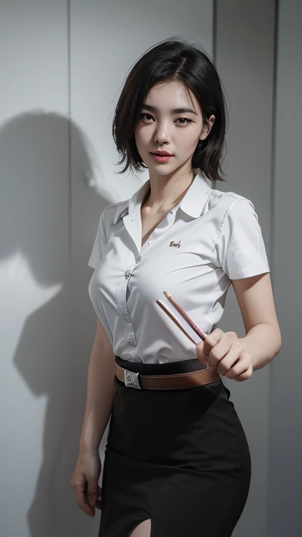 stand , (8k, best quality, masterpiece, ultra highres:1.2) Photo of Pretty thai woman beautiful, beautiful enchanting fashion contemporary painting with , (1girl), (white shirt short sleeves), ((black pencil skirt)), belt, ((hand down)) , short hair , , realistic skin textur e, (nudity), round chin, 85 mm art lens, f 1. 2, sharp focus, 8 k high definition, insanely detailed, intricate, elegant, large breasts, black skirt