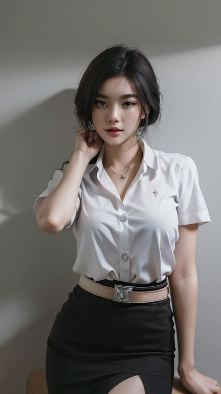 stand , (8k, best quality, masterpiece, ultra highres:1.2) Photo of Pretty thai woman beautiful, beautiful enchanting fashion contemporary painting with , (1girl), (white shirt short sleeves), ((black pencil skirt)), belt, ((hand down)) , short hair , , realistic skin textur e, (nudity), round chin, 85 mm art lens, f 1. 2, sharp focus, 8 k high definition, insanely detailed, intricate, elegant, large breasts, black skirt
