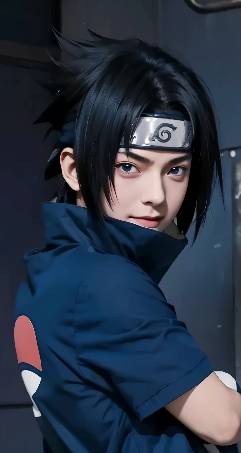 1man, uchiha sasuke in anime naruto, short hair, black hair, red eyes, handsome, blue clothes, smile, realistic clothes, detail clothes, city background, ultra detail, realistic