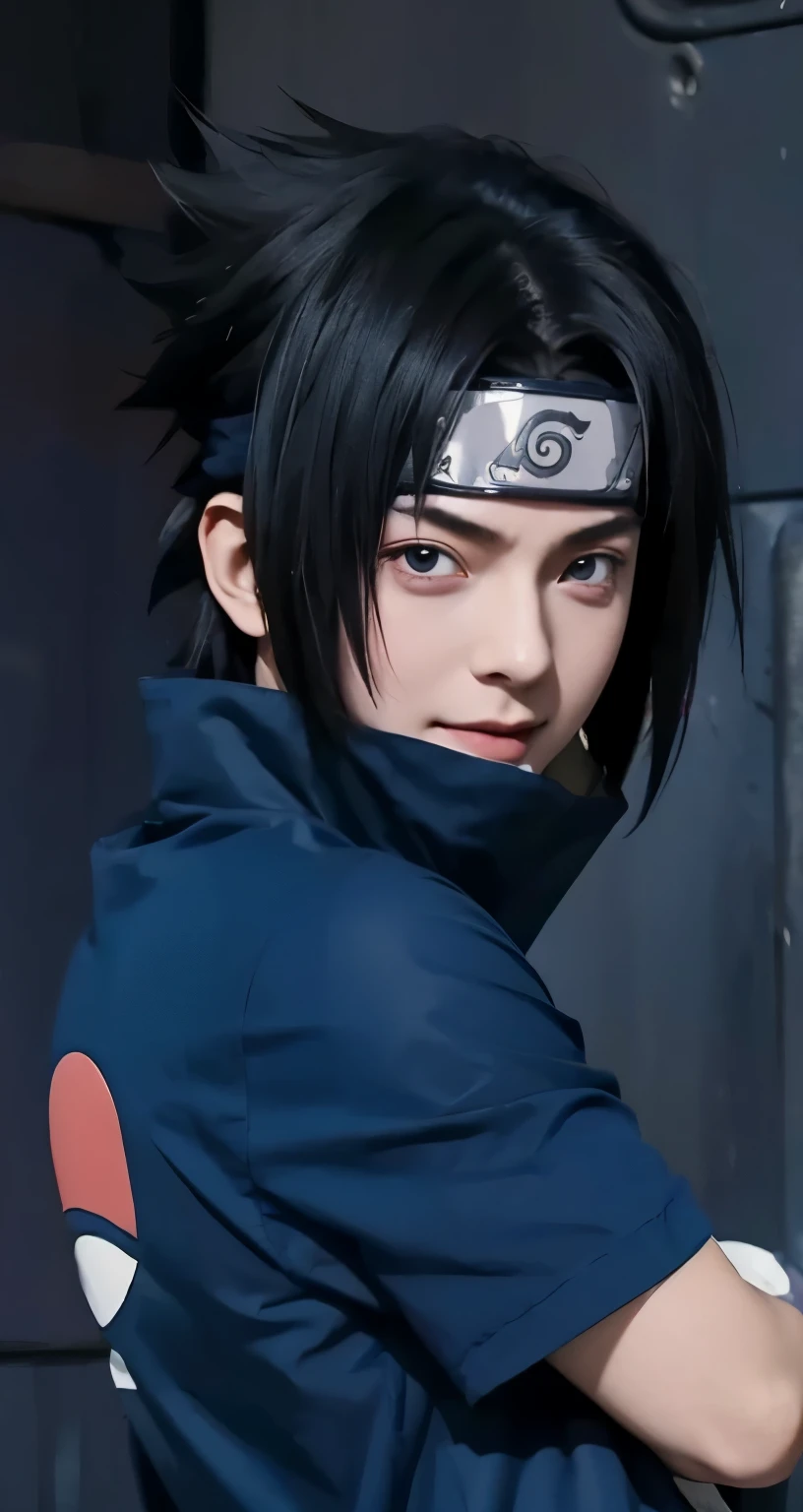 1man, uchiha sasuke in anime naruto, short hair, black hair, red eyes, handsome, blue clothes, smile, realistic clothes, detail clothes, city background, ultra detail, realistic