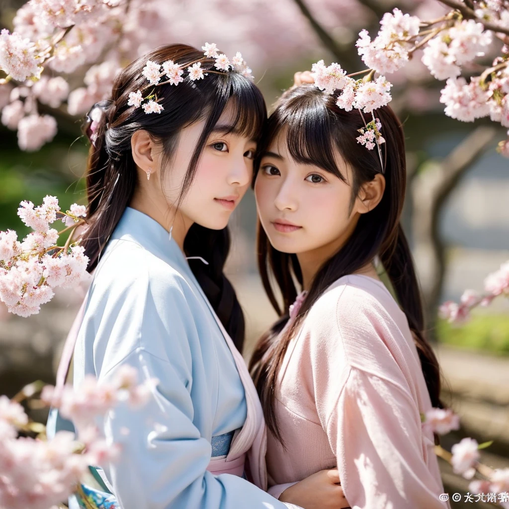 A young and beautiful Japanese woman、18-year-old、fine-textured skin、perfect proportions、hair tied together、hairpin、hair ornaments、stunning cherry blossoms柄の着物、Furisode、wonderful obi、Cherry blossoms in Korakuen, Okayama Prefecture、Cherry tree in full bloom、stunning cherry blossoms