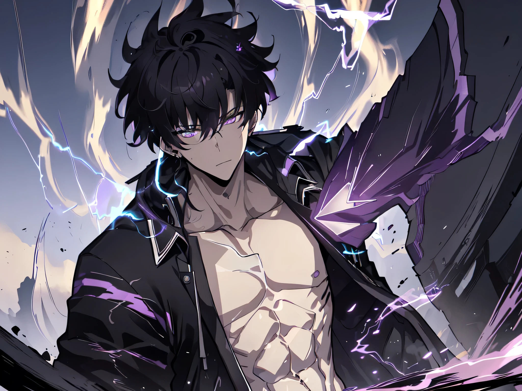 (masterpiece, best quality, ultra detailed,8k), earthquake, (lightning, storm) 1man, (brave), (muscular, trained), (black) short hair, purple eyes, ripped clothes, black jackets, white shirt, black necktie, 