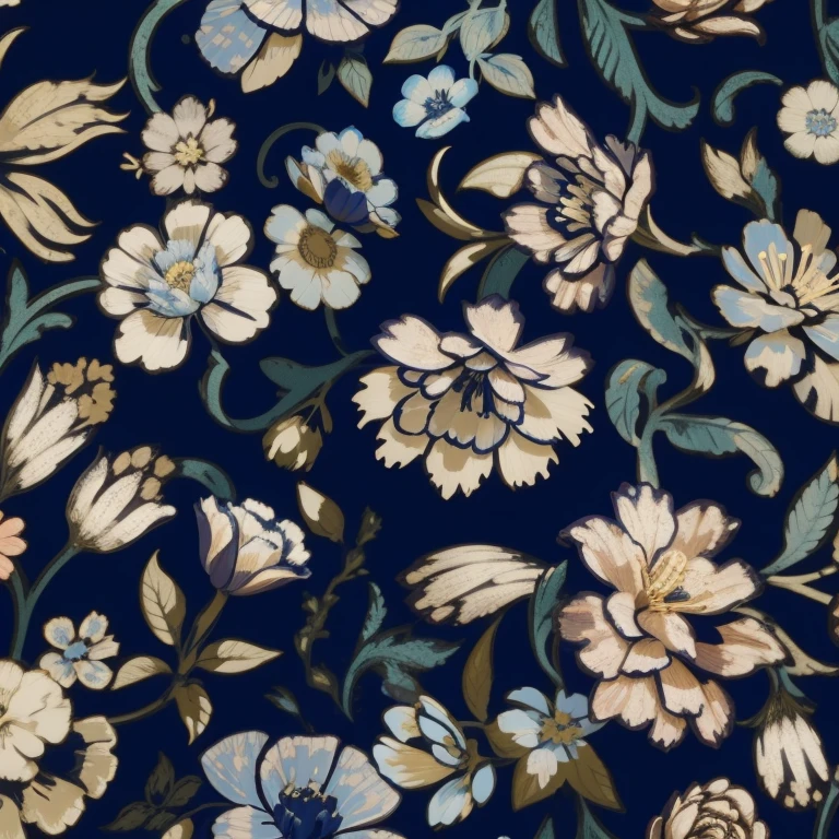Close-up on blue background,There is a bouquet of flowers on it, inspired by William Morris, ornate flowery, flowery dream, flowery pattern, beatrice blue, Textile printing, Paisley, gorgeous flowers, gilded. flowery, Indigo blooming garden, Baroque fabric, flowery motives, blue forest with flowers, embroidered velvet, Jin brocade dark blue clothes