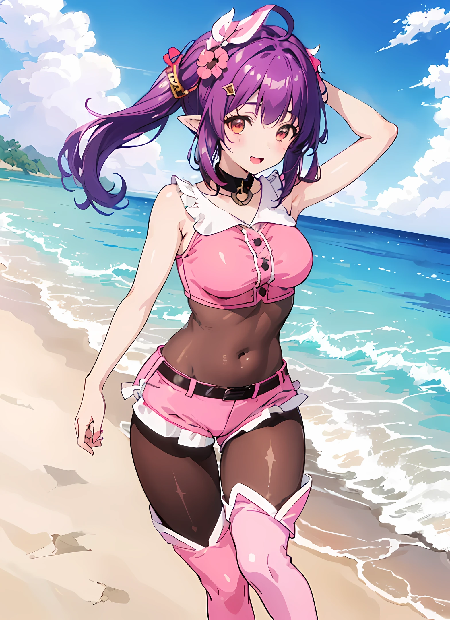 (short:1.4), (sherry:1.6), a woman on an island beach, official anime artwork, official artwork, anime moe artstyle, dreamy psychedelic anime, anime wallaper, anime visual of a cute girl, official art, fanart, masterpiece, best quality, high resolution, 8K, 4K, looking at viewer, large breasts, ass, smile edgYSD, collar, (dark brown leggings:1.5), (dark brown tights bodysuit:1.6), (purple hair:1.4), (dark red-gold eyes:1.2), gold eye accent, (hair_ornament:1.4), twin-tails, hair_tie, 1 girl, young female, beautiful finger, beautiful very long legs, beautiful body, beautiful nose, beautiful character design, perfect eyes, perfect face, expressive eyes, perfect lighting, shiny skin, nsfw, flushed skin, blushing face, lewd smile, slightly open mouth, gravure, pinup, very long legs, long thin pointy ears, (all visible leg skin covered by tights:1.2), (all visible stomach skin covered by tights bodysuit:1.4), (all visible hips skin covered by tights bodysuit:1.4), arms completely visible, (arms showing skin:1.2), japanese skin, (solid colors:1.4), lidded eyes, dark red-gold eyes, (pink short shorts:1.6), (pink sleeveless buttoned top:1.6), (pink outfit:1.2), (white trim:1.8), (white lapel:1.4), (thigh-high pink boots with white lapel:1.8), (black belt:1.2), (black garterbelts:1.6), (bright sunny day on the beach:1.4), waves, almost clear skies, sunny, trees, island plants, seashells, shoreline