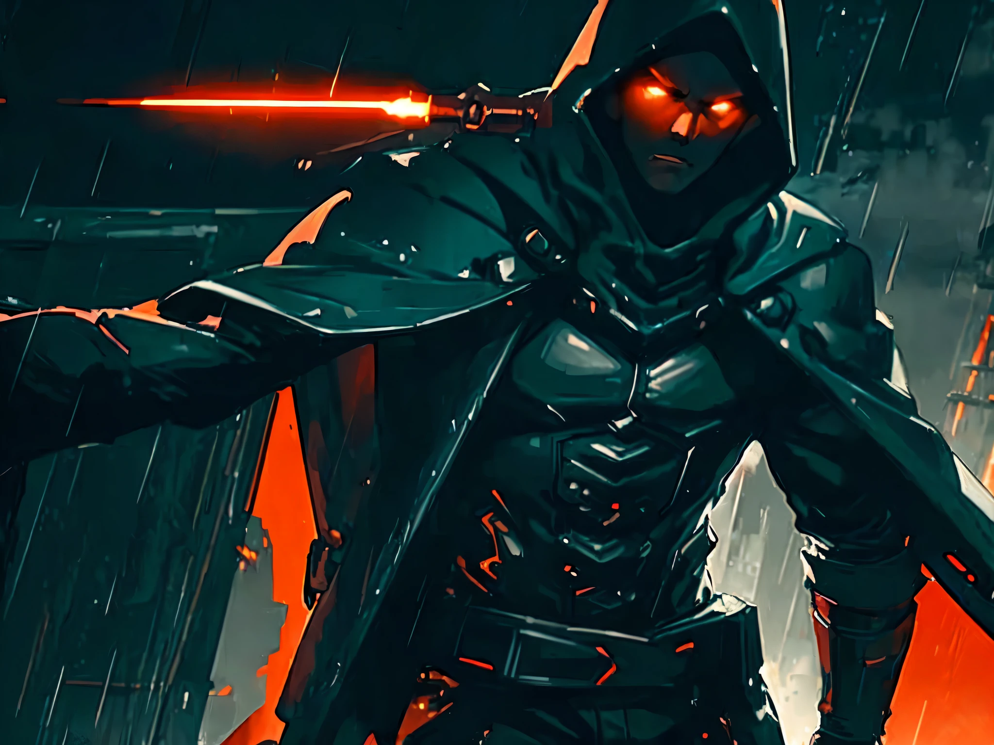 (Ultra detailed:1.3),(grainy:0.8), natural lighting, futuristic city, (raining:1.3), (dark:1.3), (fog:1.2), red lights, orange lights, blue lights AND guy, cape with hood, light logo, [cyberpunk clothing:torn fabric:0.35], red lights, orange lights, menacing, sharp, (pointing weapon at the viewer:1.2),(Cold Colors:0.75)