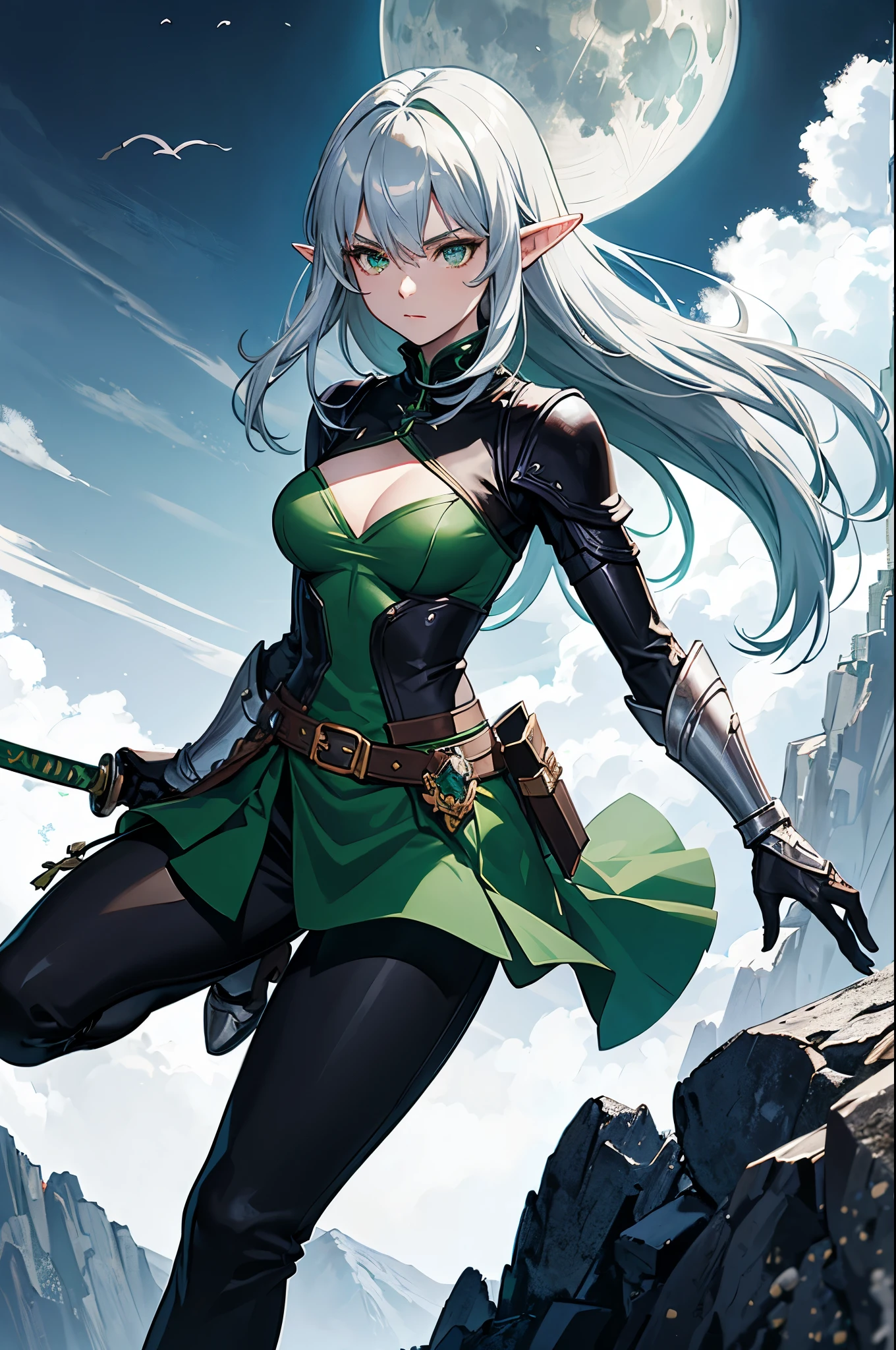 Dnd elf girl rogue wielding giant katana, bright silver hair, emerald green eyes, armor is black, giant moon, small, wearing pants, fighting, wearing armor, high definition,