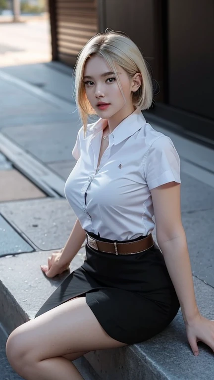 Pretty thai woman blonde hair , (8k, best quality, masterpiece, ultra highres:1.2) Photo of Pretty thai woman beautiful, beautiful enchanting fashion contemporary painting with , (1girl), (white shirt short sleeves), ((black pencil skirt)), belt, ((hand down)), blonde hair , short hair, , realistic skin texture, looks up, (nudity), round chin, 85 mm art lens, f 1. 2, sharp focus, 8 k high definition, insanely detailed, intricate, elegant, large breasts, black skirt