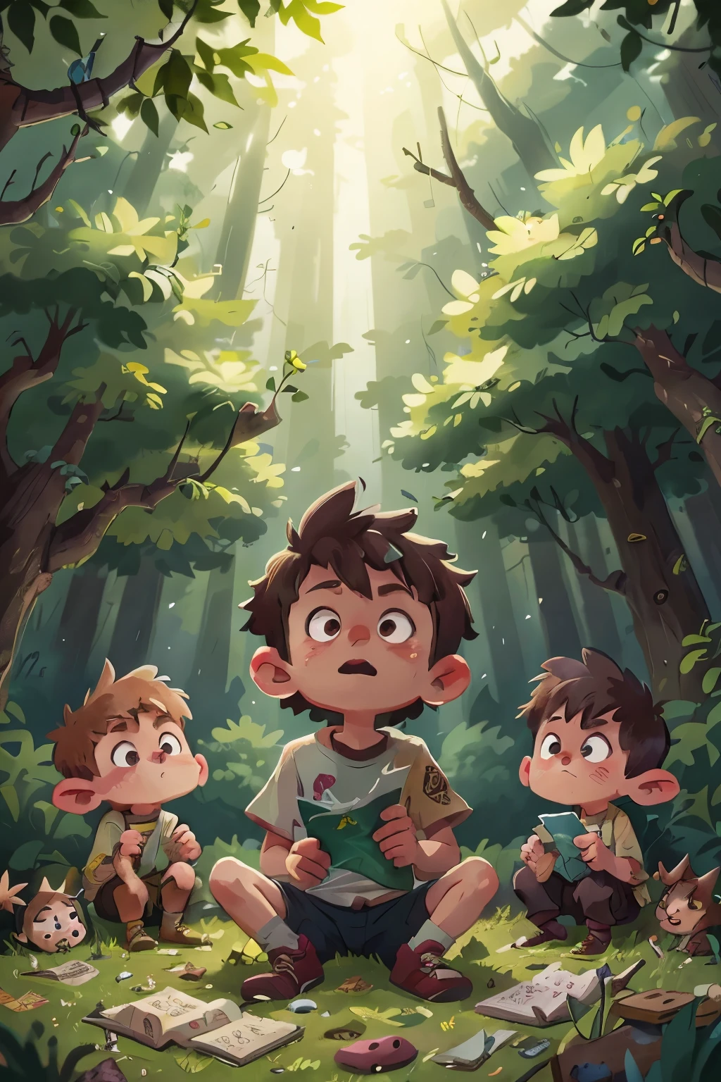 A boy with messy, unkempt hair and wearing tattered clothes, sitting alone by a campfire in the dark forest. The fire flickered, casting dancing shadows on his worried face as he clutched a small, worn-out map in his hands. Behind him, the ominous howling of wolves echoed through the night. Suddenly, the ground shook with a loud rumble, and the boy looked up in terror as a pack of goblins emerged from the shadows, their greedy eyes fixed on their young prey.