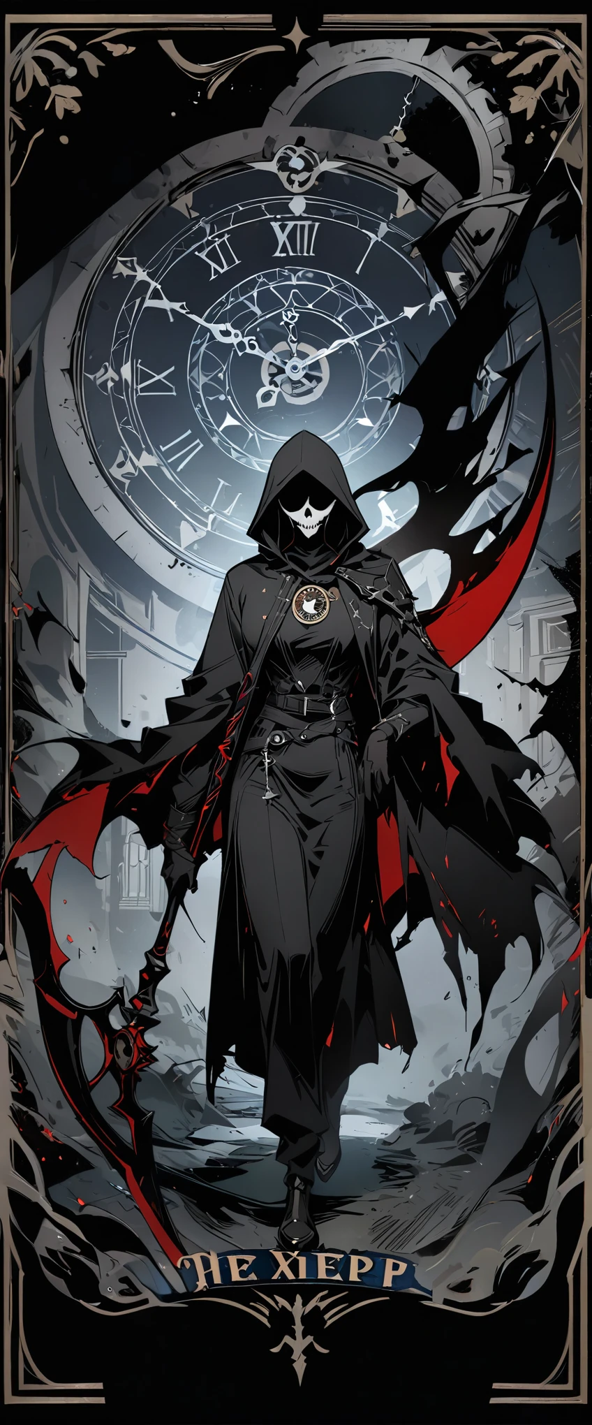 tarot cards，A grim reaper holding a scythe，Nordic style，Clock background，8k，high quality，masterpiece，Super fine

