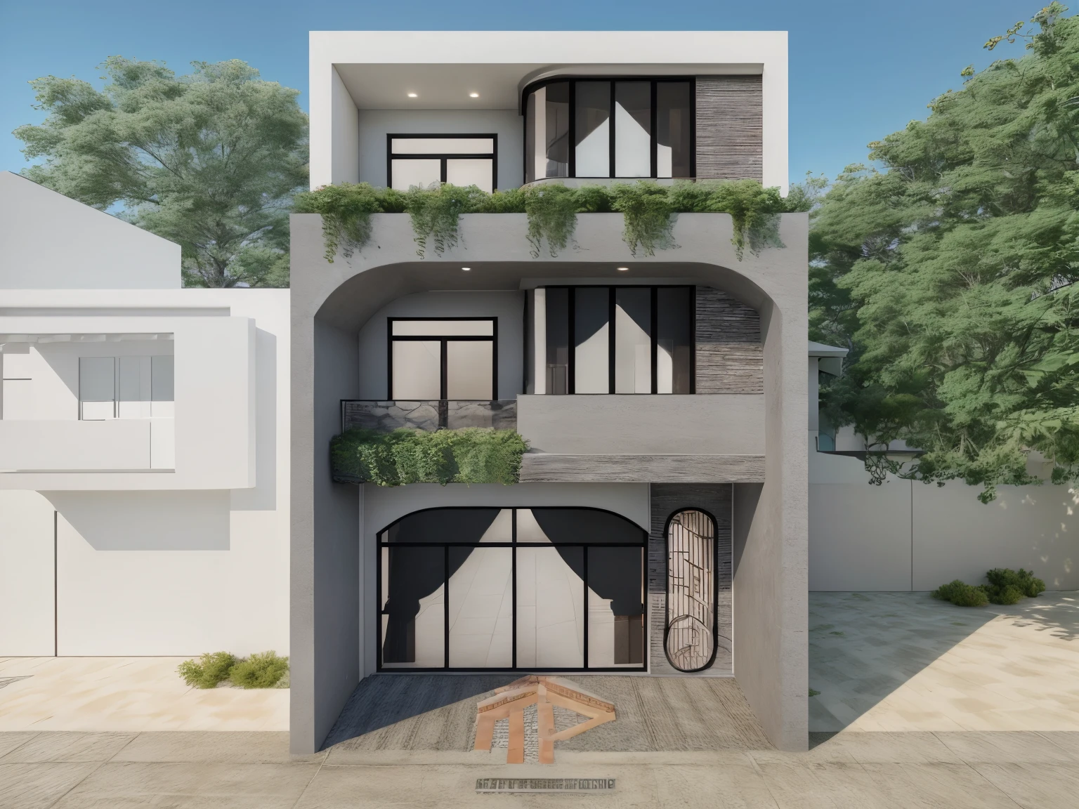 a rendering of a two story house with a balcony and a balcony, mid-view, frontview, complete house, inter dimensional villa, vue render, exterior design, concept house, d render, vue 3d render, very realistic 3 d render, front-view, precise architectural rendering, wide angle exterior 2022, 3 d vray render